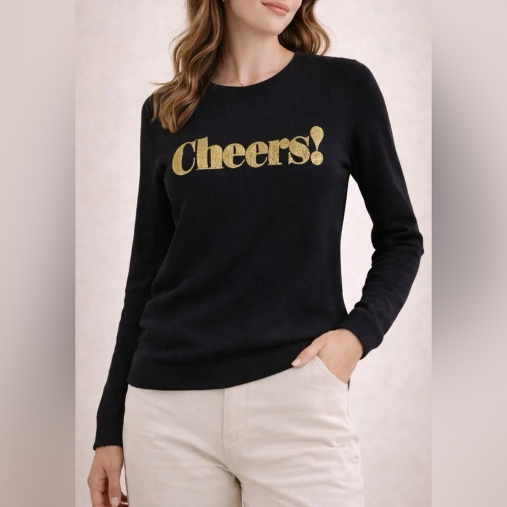 J. Crew Black Crewneck Sweater with Gold 'Cheers!' Graphic